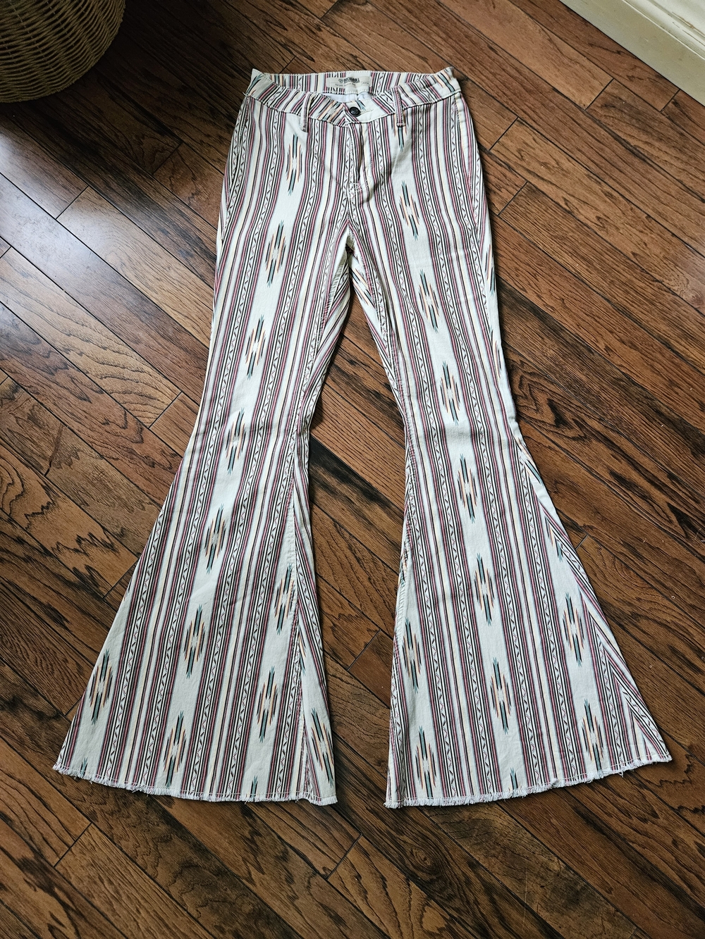 Cream and Brown Striped Flare Jeans - Women’s Wide Leg 26x34